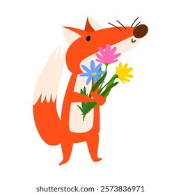 Cute fox holding flowers. For children books, spring-themed designs, or educational materials related to wildlife and nature