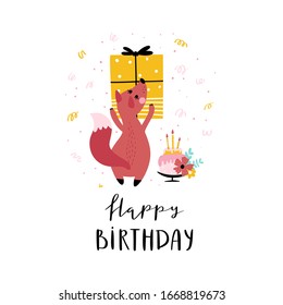 Cute fox holding a gift box hand drawn kids illustration. Cute clipart isolated on a white background.Vector Illustration for birthday children postcard or poster.