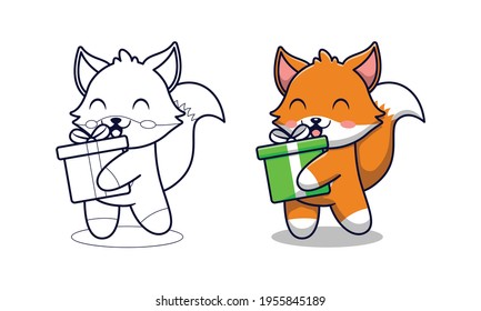 Cute fox holding gift box cartoon coloring pages for kids