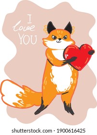 Cute fox holding a gift - a chocolate heart for Valentine's Day with love. Dating with foxy in love