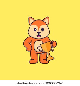 Cute fox holding gold trophy. Animal cartoon concept isolated. Can used for t-shirt, greeting card, invitation card or mascot.