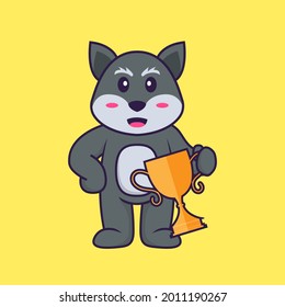 Cute fox holding gold trophy. Animal cartoon concept isolated. Can used for t-shirt, greeting card, invitation card or mascot.