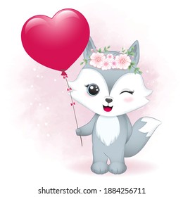 Cute Fox holding heart balloon valentine's day concept illustration