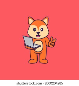 Cute fox holding laptop. Animal cartoon concept isolated. Can used for t-shirt, greeting card, invitation card or mascot.