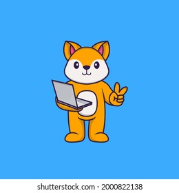 Cute fox holding laptop. Animal cartoon concept isolated. Can used for t-shirt, greeting card, invitation card or mascot.