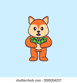 Cute fox holding money. Animal cartoon concept isolated. Can used for t-shirt, greeting card, invitation card or mascot.