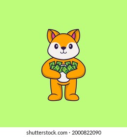 Cute fox holding money. Animal cartoon concept isolated. Can used for t-shirt, greeting card, invitation card or mascot.