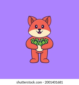 Cute fox holding money. Animal cartoon concept isolated. Can used for t-shirt, greeting card, invitation card or mascot.