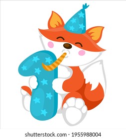 The cute fox is holding the number one. Illustration for the first birthday. 
Cake topper print. Vector illustration isolate. Print for T-shirts and sweatshirts.