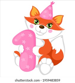 The cute fox is holding the number two for girl. Illustration for the first birthday. 
Cake topper print. Vector illustration isolate. Print for T-shirts and sweatshirts.