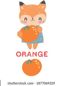 Cute fox holding orange isolated on white background vector illustration. Fruit Names for Children, Toddlers
