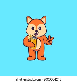 Cute fox holding orange juice in glass. Animal cartoon concept isolated. Can used for t-shirt, greeting card, invitation card or mascot.