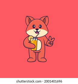 Cute fox holding orange juice in glass. Animal cartoon concept isolated. Can used for t-shirt, greeting card, invitation card or mascot.