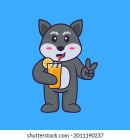 Cute fox holding orange juice in glass. Animal cartoon concept isolated. Can used for t-shirt, greeting card, invitation card or mascot.