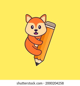 Cute fox holding a pencil. Animal cartoon concept isolated. Can used for t-shirt, greeting card, invitation card or mascot.
