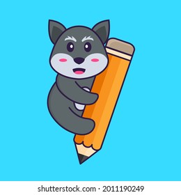Cute fox holding a pencil. Animal cartoon concept isolated. Can used for t-shirt, greeting card, invitation card or mascot.