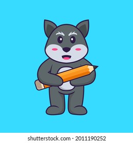 Cute fox holding a pencil. Animal cartoon concept isolated. Can used for t-shirt, greeting card, invitation card or mascot.