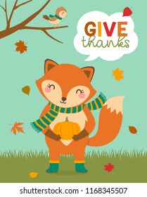 Cute fox holding pumpkin with little bird cartoon with text “Give thanks” for thanksgiving card design. Autumn season cartoon illustration.