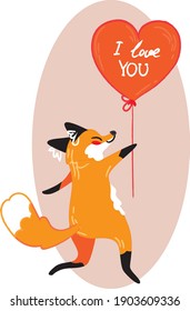 Cute fox holding a red heart-shaped balloon which reads "I love you". Gift with love