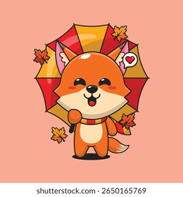 Cute fox holding umbrella in autumn day cartoon vector illustration