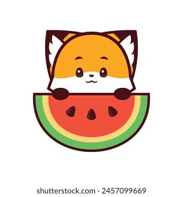Cute Fox Holding a Watermelon, vector icon, vector logo, vector sign