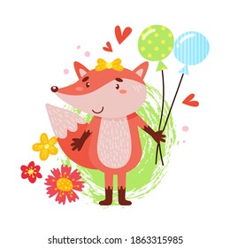 Cute fox holds two balloons in his hand. Simple illustration on an isolated background. Can be used as a design for office supplies, prints on clothes.