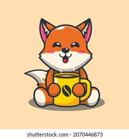 Cute fox with hot coffee. Cute animal cartoon illustration.