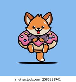 Cute fox hug big doughnut cartoon