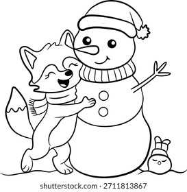Cute Fox Hugging a Smiling Snowman in Winter Hat Adorable Friendship Line Art