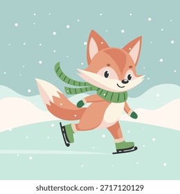 Niedlicher Fuchs Eislaufen in einer verschneiten Winterlandschaft. Karte, Abbildung.
