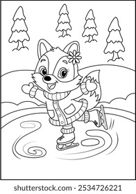 Cute Fox Ice Skating in Winter Forest. Simple Line Art for Kids Coloring Pages.
