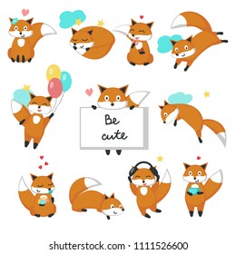 Cute fox icon set for greeting card, invitation, poster, sticker, print. Vector isolated illustration of funny foxes sitting sleeping, jumping, flying, dreaming, being in love, listening to music.