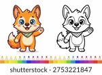 Cute fox illustration shows a friendly cartoon fox wearing a bandana with both colored and black and white versions for coloring activities