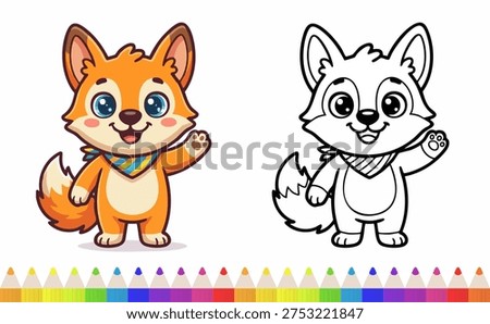 Cute fox illustration shows a friendly cartoon fox wearing a bandana with both colored and black and white versions for coloring activities