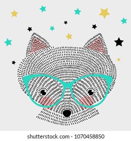 Cute fox illustration with stars. Fashion graphics, hand drawing, vector.