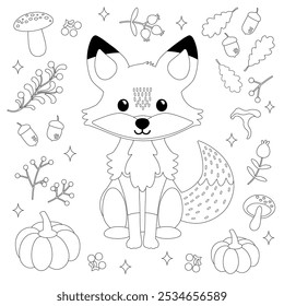 Cute fox illustration surrounded by autumnal nature elements like pumpkins, mushrooms, leaves, and acorns. Perfect for seasonal coloring activities and fall-themed designs