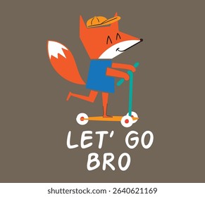 cute fox illustration for t-shirt prints or posters, fox is riding a scooter. it's very happy.