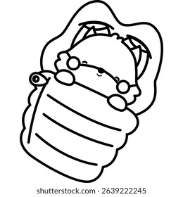 a cute fox inside a sleeping bag in black and white coloring