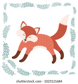 Cute fox. Isolated icon on herbal background