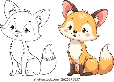 Cute Fox Isolated Line Art Vector Outline Illustration Black and White with Coloring Sample