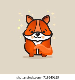 Cute fox  isolated on gray background. Lovely amusing animal. Little red fox icon. Vector logo design template in cartoon style. Emblem, mascot, sticker or badge for packaging or kids store.