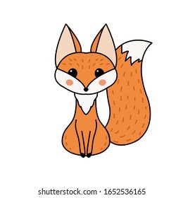 Cute fox isolated on white background. Tricky woodland animal. Design for nursery print, poster, greeting card. Icon, emblem, logo. Cartoon vector illustration. Hand drawn 