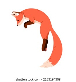 Cute Fox Jumping Up And Hunting. Wild Forest Animal Profile In Motion. Funny Foxy Pup Character With Orange Fur, Fluffy Tail. Flat Vector Illustration Isolated On White Background