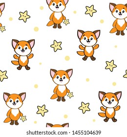 Cute fox in kawaii style on a white background seamless pattern