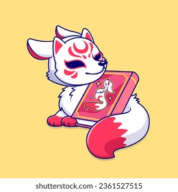 Cute Fox Kitsune With Book Cartoon Vector Icon Illustration. Animal Education Icon Concept Isolated Premium Vector. Flat Cartoon Style