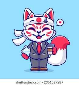 Traje a Fox Kitsune Empresario con Café y teléfono Ilustración de vectores de dibujos animados. Vector Premium Aislado De Concepto De Icono De Negocio Animal. Estilo de dibujo plano