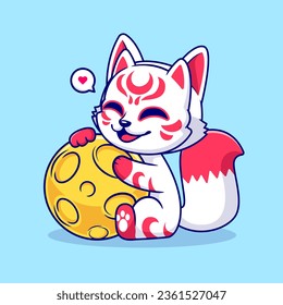 Ilustración del icono del vector de dibujos animados de la luna de Fox Kitsune. Vector Premium Aislado De Icono De Festividad Animal. Estilo de dibujo plano