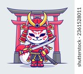 Cute Fox Kitsune Samurai Warrior Cartoon Vector Icon Illustration. Animal Holiday Icon Concept Isolated Premium Vector. Flat Cartoon Style