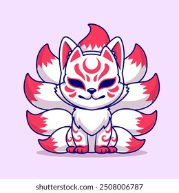 Cute Fox Kitsune Sitting Cartoon Vector Icon Illustration. Animal Holiday Icon Concept Isolated Premium Vector. Flat Cartoon Style