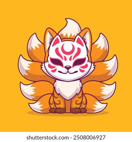 Cute Fox Kitsune Sitting Cartoon Vector Icon Illustration. Animal Holiday Icon Concept Isolated Premium Vector. Flat Cartoon Style